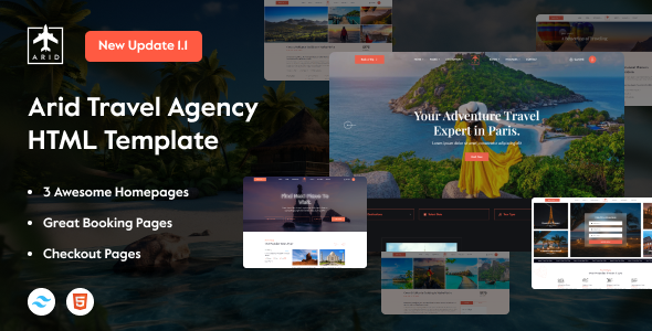 Arid – Travel & Tourism HTML/Tailwind CSS Template